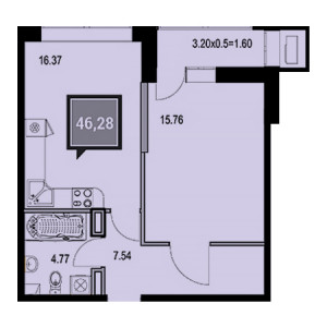 1 комнатная 46.28м²