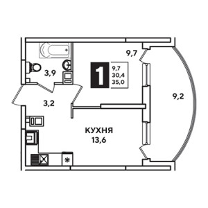 1 комнатная 35м²