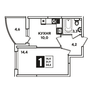 1 комнатная 34.2м²