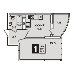 1 комнатная 34.2м²