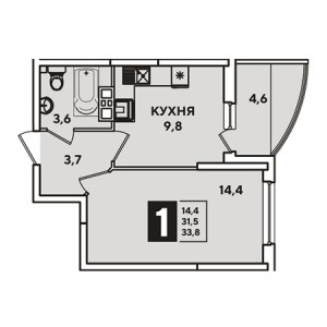 1 комнатная 33.8м²