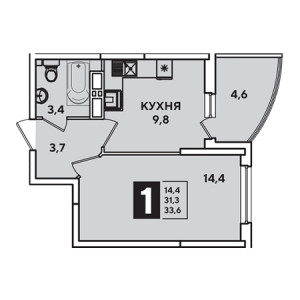 1 комнатная 33.6м²