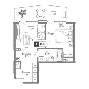 1 комнатная 48.72м²