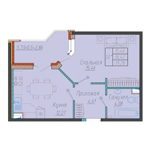 1 комнатная 39.28м²