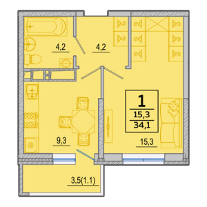 1 комнатная 34.1м²