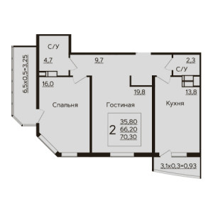 2 комнатная 70.3м²