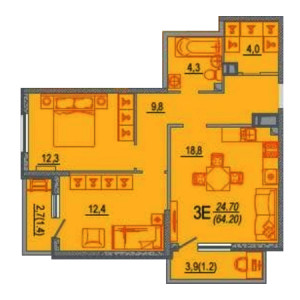 2 комнатная 64.2м²