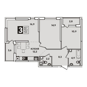 3 комнатная 73.5м²