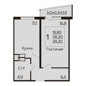 1 комнатная 39.2м²