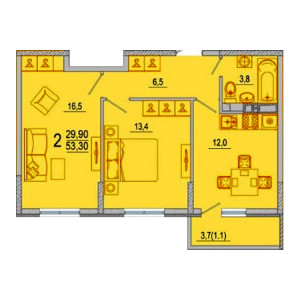 2 комнатная 53.3м²