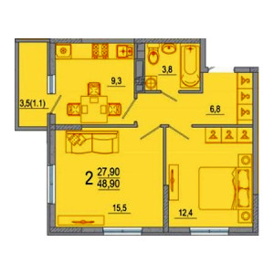 2 комнатная 48.9м²