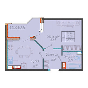 1 комнатная 38.62м²