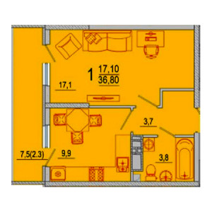 1 комнатная 36.8м²