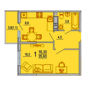 1 комнатная 35.6м²