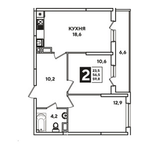 2 комнатная 59.8м²