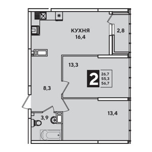 2 комнатная 56.7м²