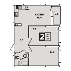 2 комнатная 55.5м²