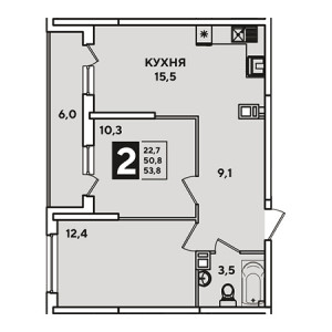 2 комнатная 53.8м²