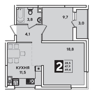 2 комнатная 49.4м²