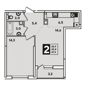 1 комнатная 47.4м²