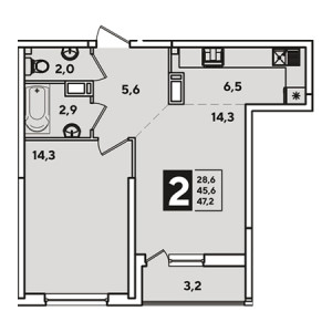 1 комнатная 47.2м²