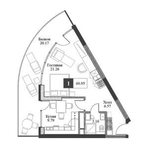 1 комнатная 60.95м²