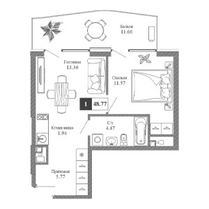 1 комнатная 48.77м²