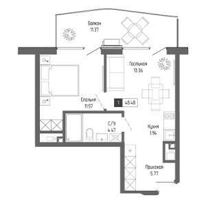 1 комнатная 48.48м²