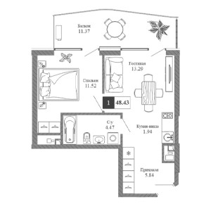 1 комнатная 48.43м²