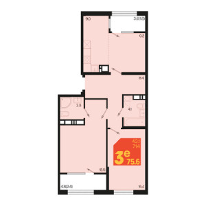 3 комнатная 75.6м²