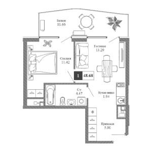 1 комнатная 48.68м²