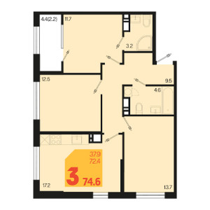 3 комнатная 74.6м²