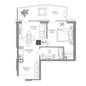 1 комнатная 48.91м²