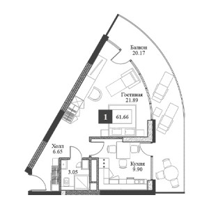 1 комнатная 61.66м²