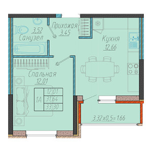 1 комнатная 33.3м²