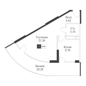 1 комнатная 61.11м²