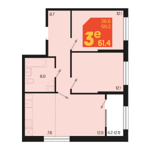 3 комнатная 61.4м²