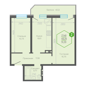 2 комнатная 51.29м²