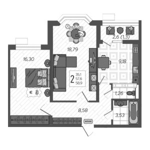 2 комнатная 58.9м²