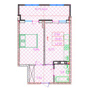 1 комнатная 42.05м²