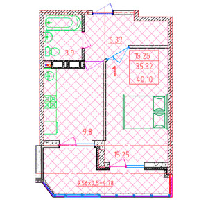 1 комнатная 40.1м²