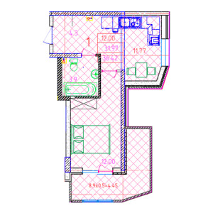 1 комнатная 39.42м²