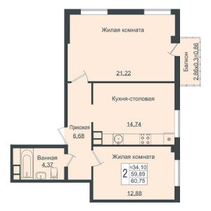 2 комнатная 60.75м²