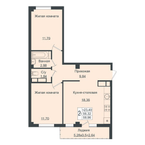 2 комнатная 58.96м²