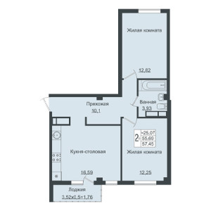 2 комнатная 57.45м²