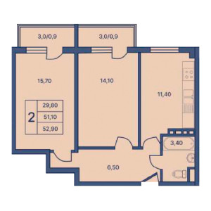 2 комнатная 52.90м²