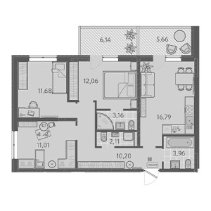 3 комнатная 74.51м²