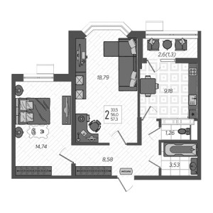 2 комнатная 57.3м²