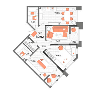 3 комнатная 80.92м²