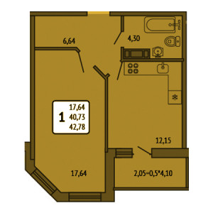 1 комнатная 42.78м²